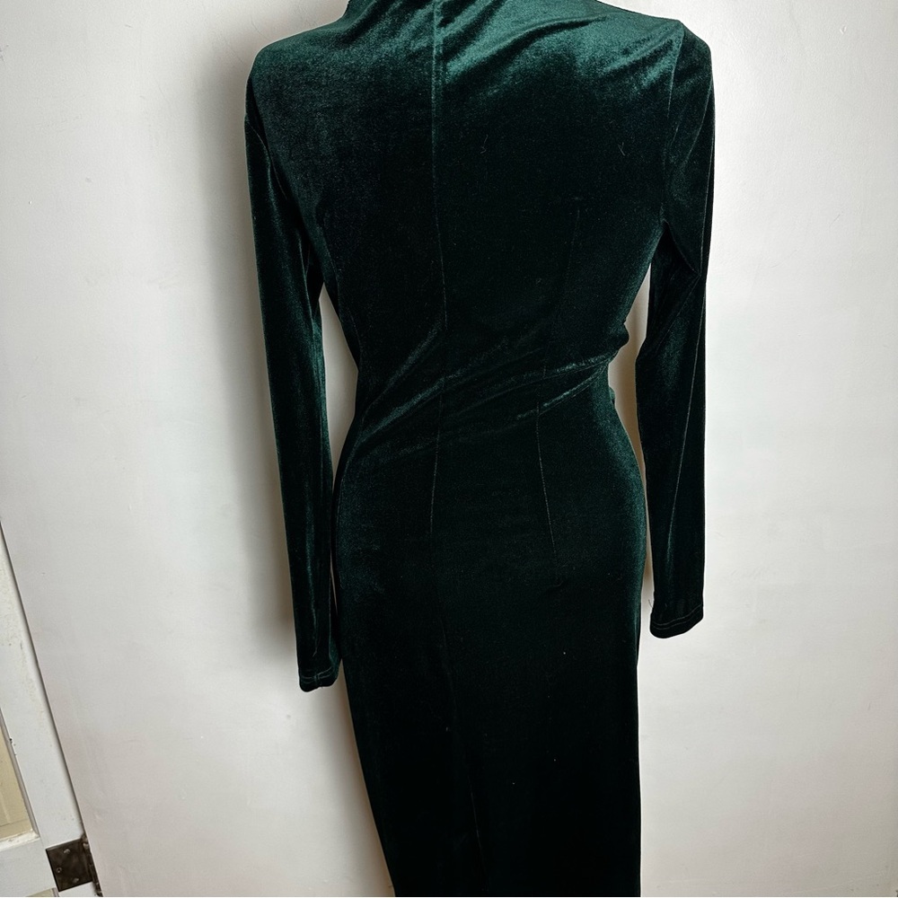 Velvet Wrap Dress Women's Med V Neck Ruched Bodycon Maxi Emerald Green DIRASS - Picture 5 of 12